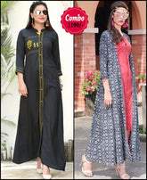 RE - Elegant black and multi color rayon print stitched kurti - Pack of 2